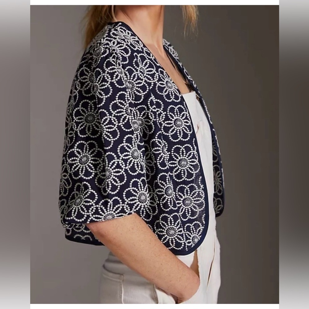 NWT Maeve by Anthropologie Navy Floral Embroidered Draped Shrug Cardigan one‎ Sz